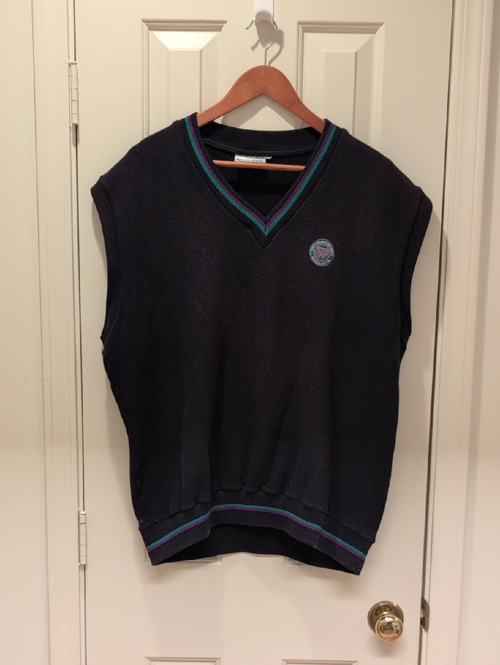 Vintage Wimbledon Black V-Neck Sweater Vest with Green & Purple Trim